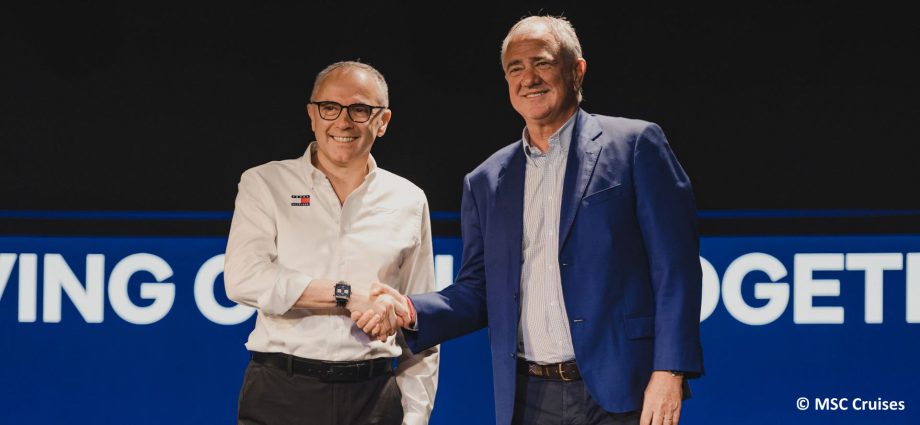 Stefano Domenicali, Präsident und CEO der Formula 1® und Pierfrancesco Vago, Executive Chairman der Kreuzfahrtsparte der MSC Group – © MSC Cruises